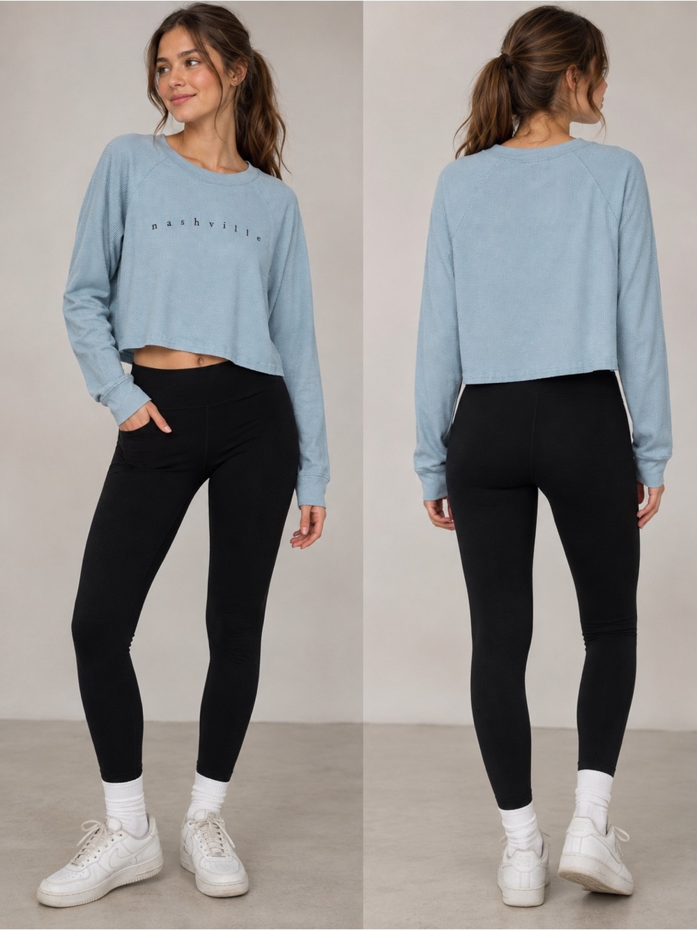 NASH Nashville Women’s Medium Blue Waffle Knit Cropped Long Sleeve Top